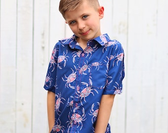 Boys Blue, Red and White Crab Button up Shirt - Boys Button Shirt - Boys Dress Shirt