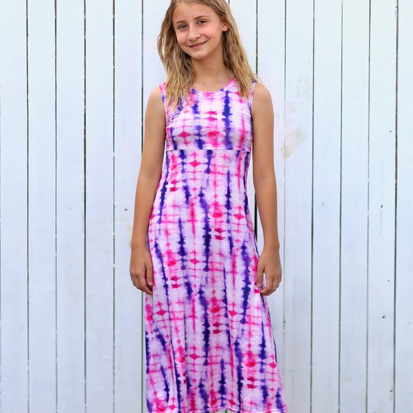 Girls Maxi Dress- Purple Hot Pink Tie Dye Maxi Dress, Girls Spring Summer Casual Party Birthday Party School Dress, School Preteen Children