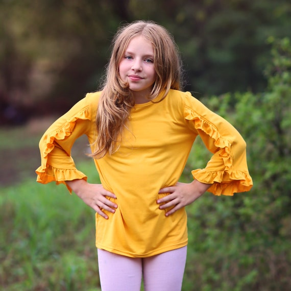 Girls Yellow Ruffled Sleeve Shirt yellow shirt yellow ruffled shirt girls shirt school shirt gift for her tee 3 4 sleeve ruffled shirt