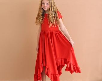 Red Boho Dress - Long Ruffle Dress - High-low Hem Ruffle Dress - Full Skirt Red Dress - Twirly Dress