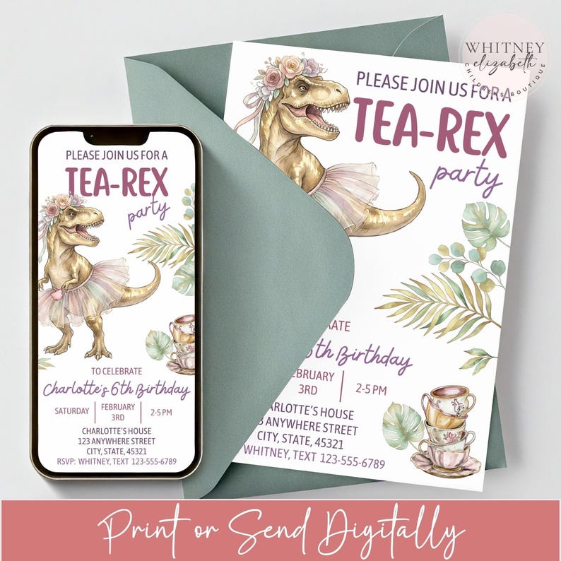 Puede incluir: Una invitaci&oacute;n caprichosa para una fiesta "Tea-Rex", con un dinosaurio con tut&uacute; y corona de flores. La invitaci&oacute;n incluye detalles del evento y el texto "Print or Send Digitally". El dise&ntilde;o est&aacute; sobre un sobre verde azulado.