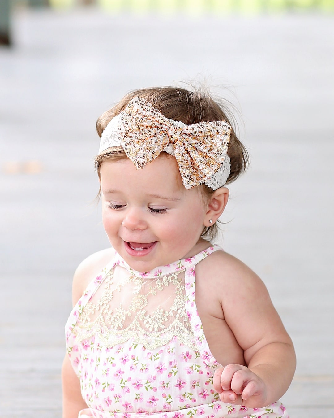 Gold Sequin Bow on Lace Headband Gold Sequin Headband Ivory and Gold