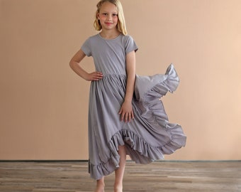 Gray Boho Dress - Long Ruffle Dress - High-low Hem Ruffle Dress - Full Skirt Red Dress - Gray Twirly Dress