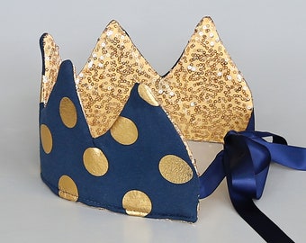 Navy Dress Up Crown - Sequin Crown - Birthday Crown - Navy and Gold Dots Sequin Crown - Navy and Gold Crown - Fits all