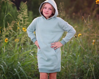 Girls Mint Green Hoodie Dress- mint hoodie, green hoodie dress, fall dress, basic hoodie dress, mint sweatshirt dress, sage jersey dress