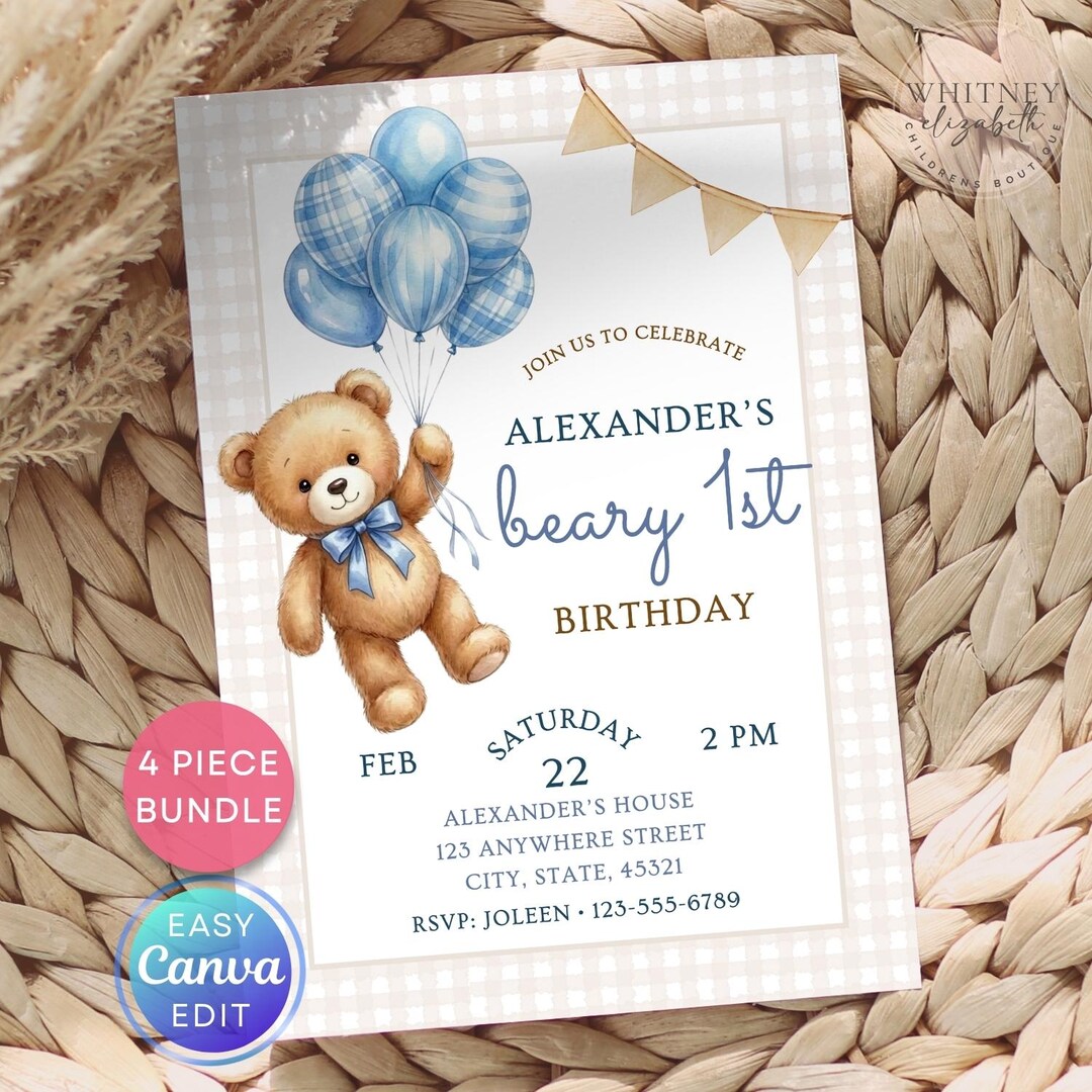 Beary First Birthday Invitation, 1st Birthday Boy Bear Invite, Teddy ...