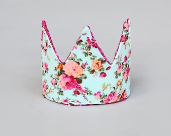 Dress Up Crown - Sequin Crown - Birthday Crown - Hot Pink Sequins Crown Reverse Aqua and Roses - Fits all