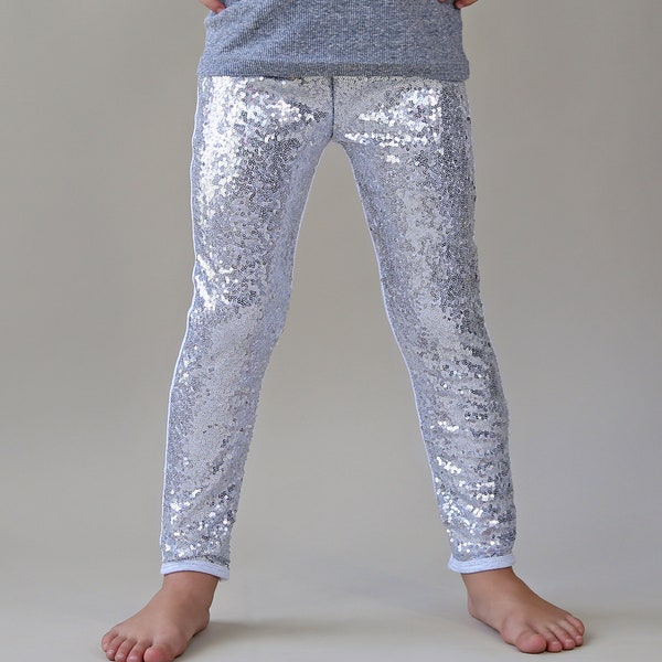 Girls Silver Sequin Pants - Silver Leggings - Silver Sequin Leggings, Silver Glitter Pants, Silver Sparkle Pants, dance pants, sparkle pants