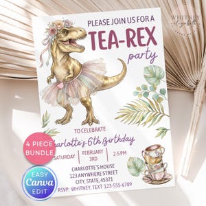 Puede incluir: Una invitaci&oacute;n a una fiesta con una ilustraci&oacute;n en acuarela de un Tyrannosaurus Rex con tut&uacute; y corona floral. La invitaci&oacute;n dice "TEA-REX party" e incluye detalles de la fiesta. Una pila de tazas de t&eacute; y elementos bot&aacute;nicos completan el dise&ntilde;o.