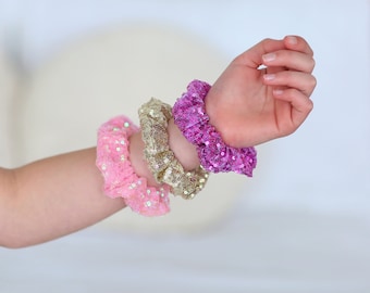 3 Sequin Hair Scrunchies - Scrunchie Set - Pink, Gold and Orchid Scrunchie set