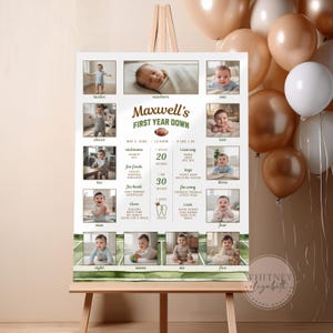 May include: A personalized baby milestone poster on an easel, featuring photos of a baby from newborn to twelve months. The poster includes the baby's name, weight, and favorite things. The poster is 30 inches tall.