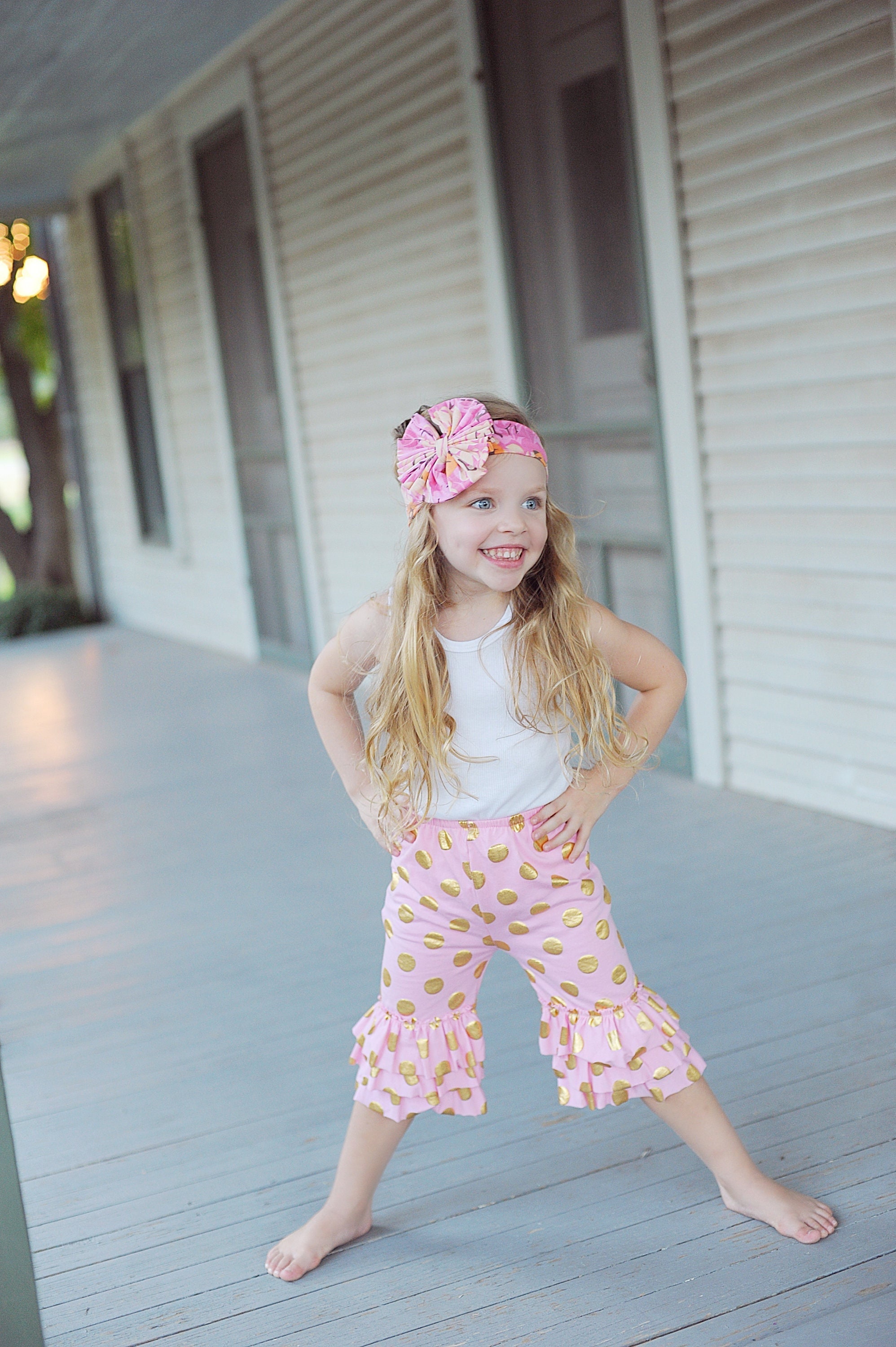 niana ANDRESD flocky dot pants dress　M Ruffled Pink Pants - Girls Cropped Ruffled Bottom Pants - Pink