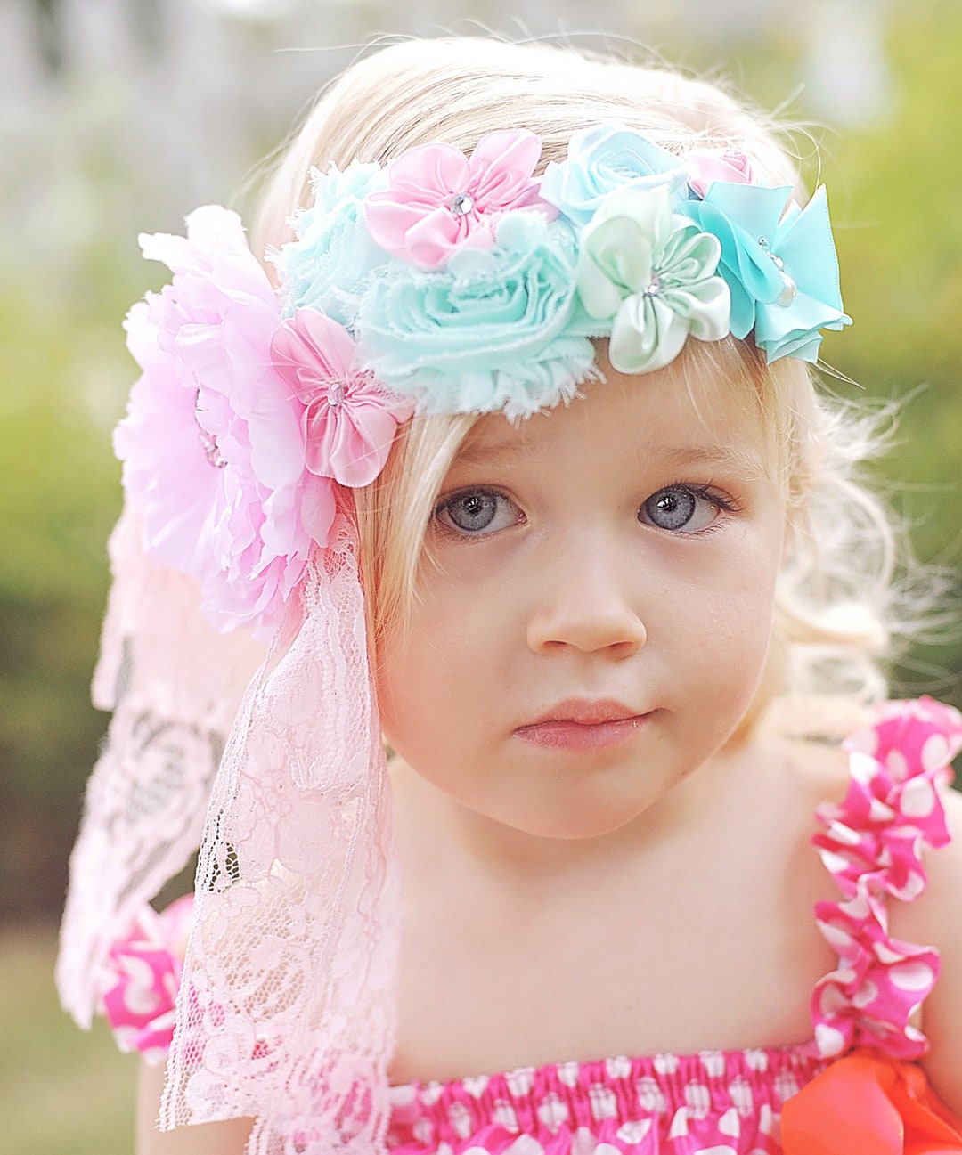 Girls Pink and Aqua Flower Headband Flower Headband, Flower Crown ...