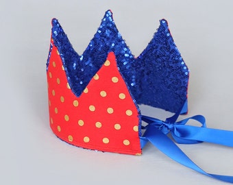 Dress Up Crown - Sequin Crown - Birthday Crown - Red and Gold Polka Dot Crown REVERSE to Blue Sequins - Fits all