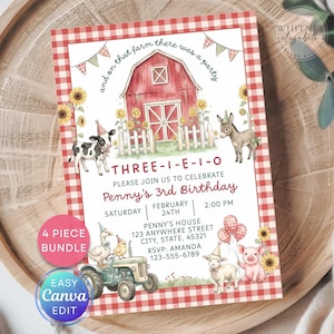 May include: A farm-themed birthday invitation with a red barn, sunflowers, and cartoon animals. The invitation includes the text "THREE-I-E-I-O" and details for Penny's 3rd birthday, including the date, time, and location.