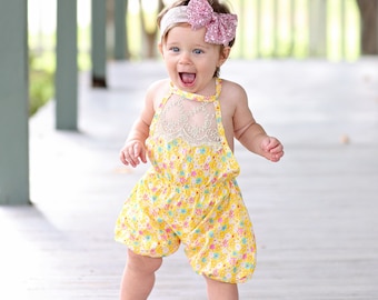 Yellow Floral Baby Toddler Romper- Baby Gift, Toddler Romper, Baby Gift, Toddler Gift, Toddler Outfit, Baby Outfit, Girl Birthday Gift, Baby