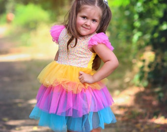 Regenbogen funkelndes Pailletten-Top Tüll-Mädchen-Kleid-Blumen-Mädchen-Geburtstags-Outfit, Prinzessin Chiffon Partykleid, perfektes Geschenk für besondere Anlässe
