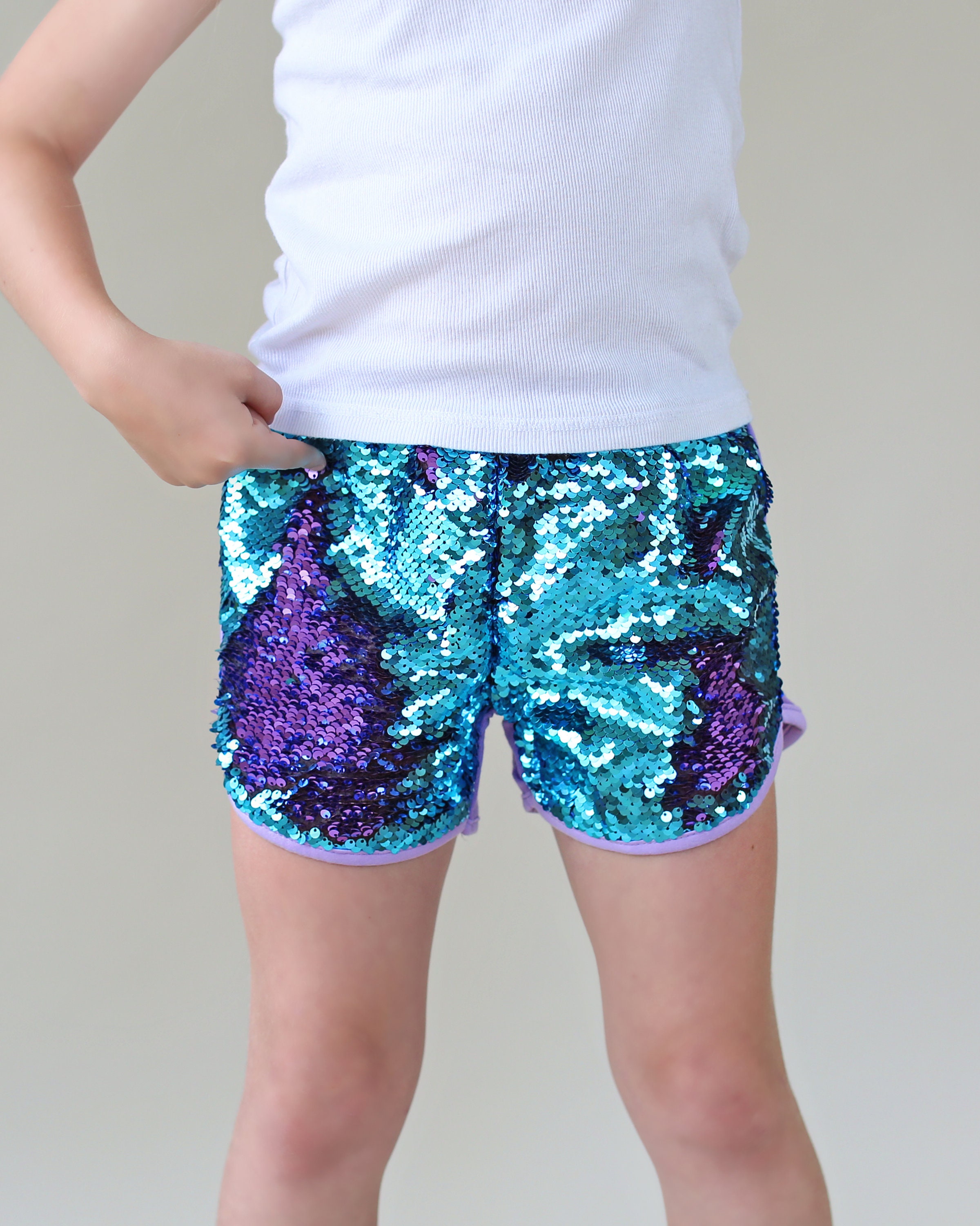 purple sequin shorts
