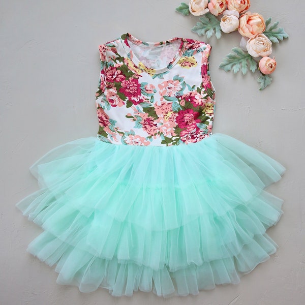 Girls Tulle Tutu Dress with Daisies - Vintage Mint
