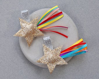Gold Shooting Star Clip Set -star clips, birthday hair clips, rainbow hair clips, glitter, girl birthday gift, star, celestial, rainbow