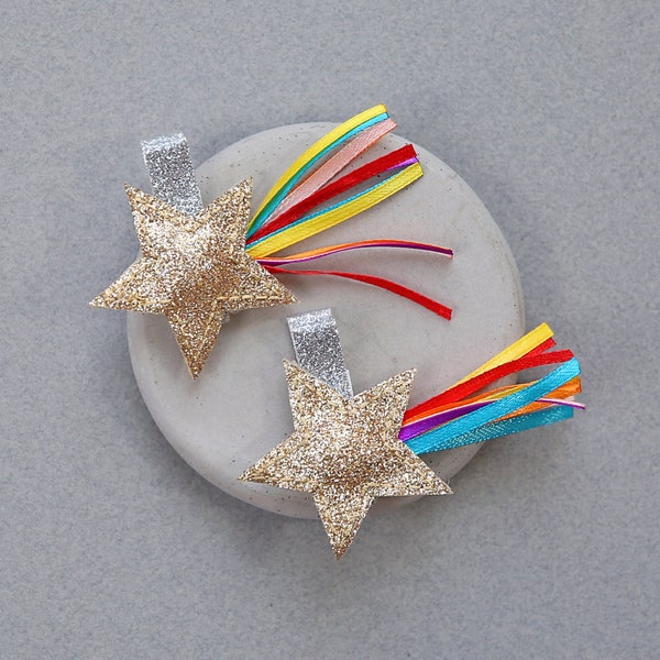 Gold Shooting Star Clip Set -star clips, birthday hair clips, rainbow hair clips, glitter, girl birthday gift, star, celestial, rainbow
