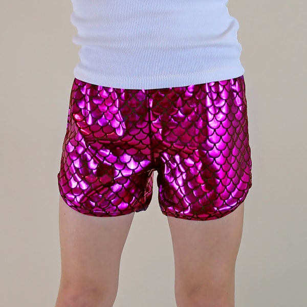 Hot Pink Mermaid Trendy Kids Metallic Dress Shorts - Colorful Fashionable Short Shorts, Cute Trendy Gift-for-Her