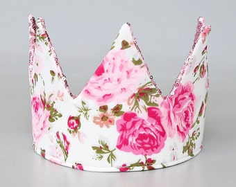 Dress Up Crown - Sequin Crown - Birthday Crown - Pink Sequins Crown REVERSE to Ivory and Roses - Fits all