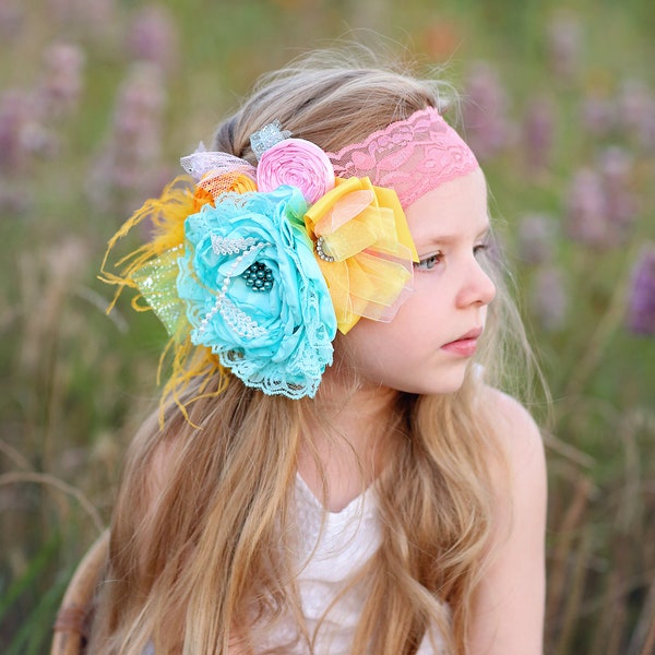 Aqua, Pink Yellow Large Flower Feather Headband- Floral Lace Headband, Flower Crown, Floral, Headpiece, Boho Headband, Boho Flower Crown
