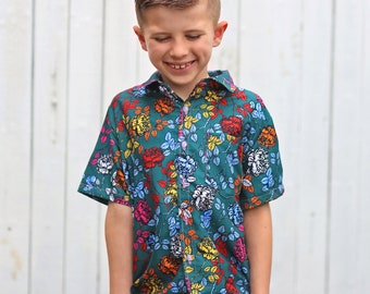 Boys Hawaiian shirt, boys birthday shirt gift, trendy boys shirt, Boys Green Roses Button up Shirt - Boys Button Shirt - Boys Dress Shirt