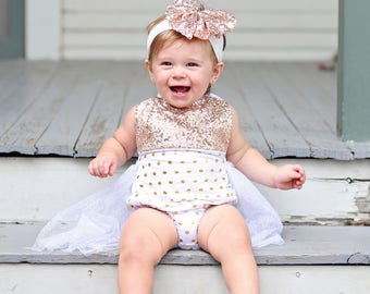 Romper - Tulle skirted, Skirted, Sequin Top Romper - Sequin Romper - Birthday Romper - Photoshoot - Rose Polka Dot Gold Sequin Romper