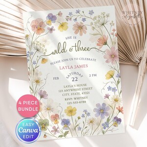 Może przedstawiać: Zaproszenie o tematyce kwiatowej z napisem "She is wild & three". Zaproszenie zawiera akwarelowy wzór z kolorowymi kwiatami oraz tekst "Please join us to celebrate Layla James". Zawiera szczegóły wydarzenia oraz etykietę "4 piece bundle" i "Easy Canva Edit".