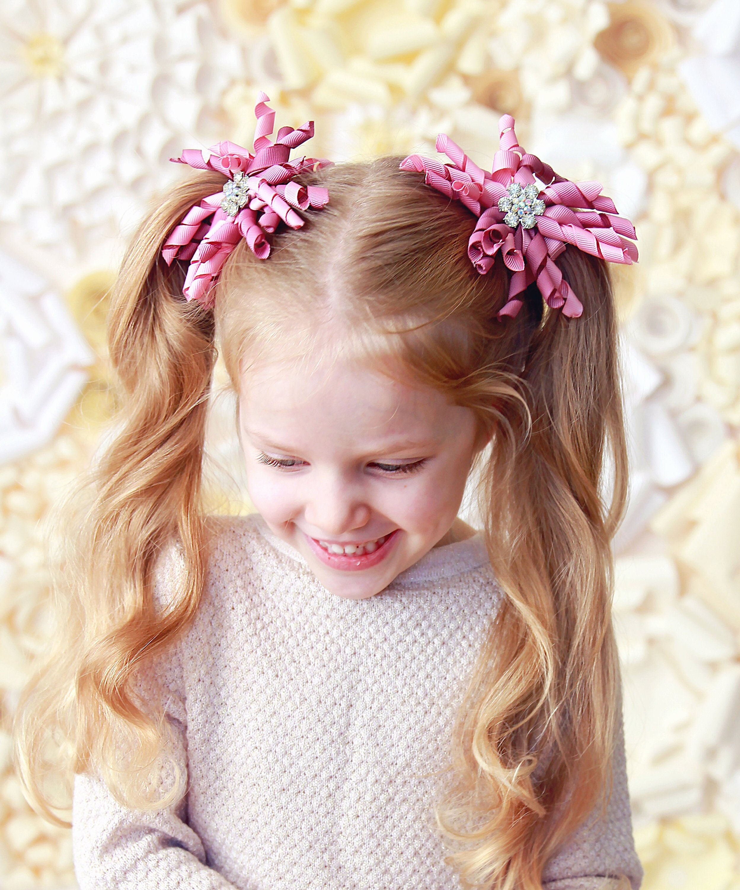 Pair of Rose Pink Curly Ribbon Hair Clips- Hair Bows, School Hair