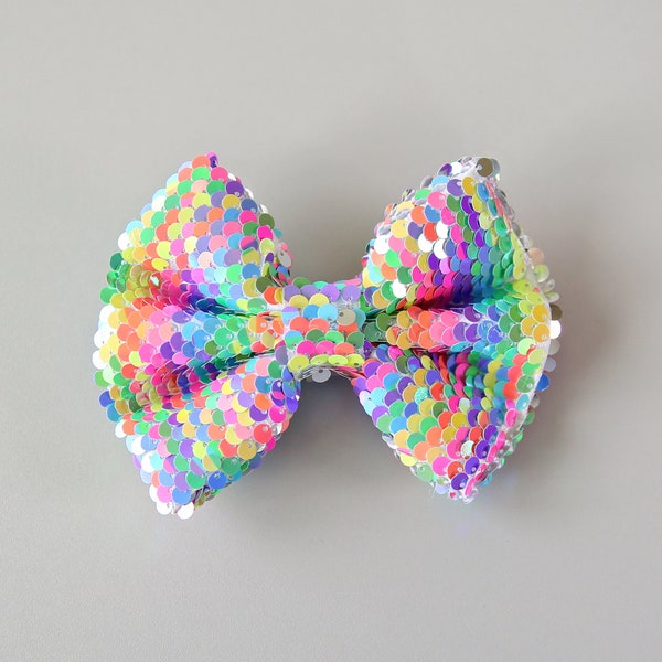 Neon Rainbow Bow Clip-Sequin Bow Clip, Rainbow Flip Sequin bow, Neon sequin bow, costume, birthday gift, party outfit, party hair bow, cheer