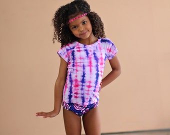 Pink and Purple Tie Dye Swimsuit - Rash Guard Swim Suit - Shirt Swim Suit - Roses Bathing Suit