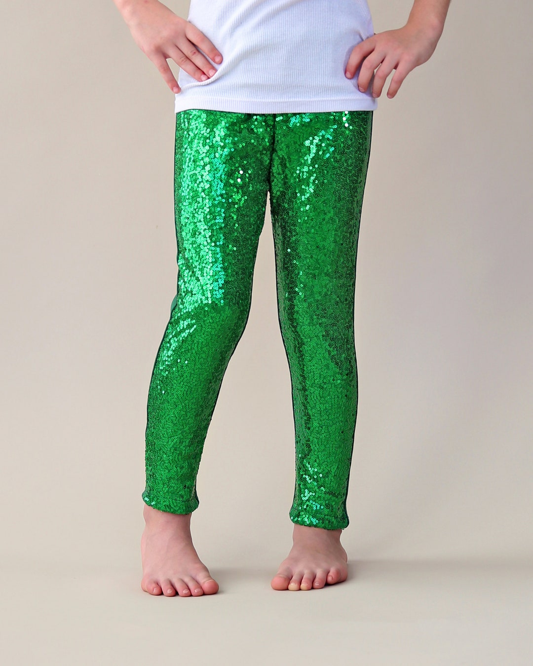 Girls Green Shiny Metallic Sequin Pants Green Birthday, Dance
