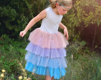 Robe de demoiselle d'honneur en tulle bleu - tenues d'anniversaire de princesse, robe de soirée duveteuse pour des occasions spéciales, cadeau pour fille, bouquetière digne des tours