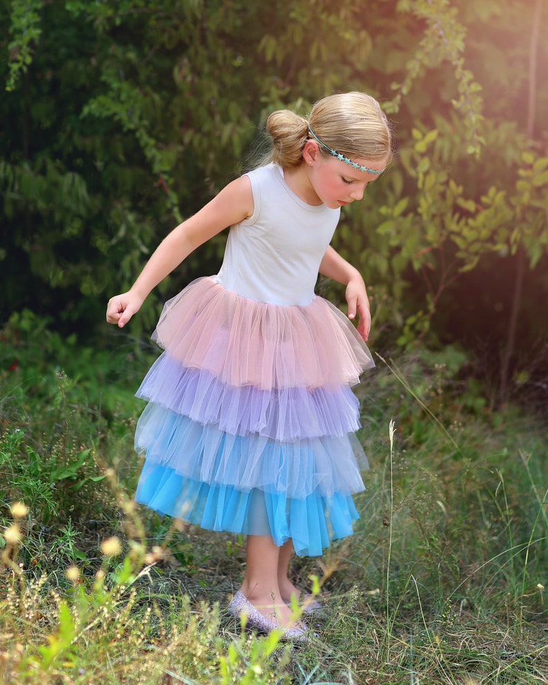 Blaues Blumenmädchenkleid aus Tüll Prinzessin Geburtstagsoutfits, flauschiges Partykleid für besondere Anlässe, Geschenk für Mädchen, Twirl-Worthy Blumenmädchen Bild 1