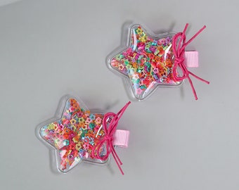 Rainbow Star Confetti Shaker Hair Clip Pair - Sequin Hair Clips -  Confetti Hair Clips - Clear Shaker Hair Clips - Pigtail Clips