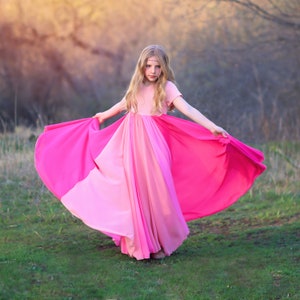 Pink Floor Length Chiffon Bohemian Junior Twirl Maxi Dress Valentines Dress, Wedding, Flower Girl, Boho Beach, Photoshoot, Birthday, Party image 3