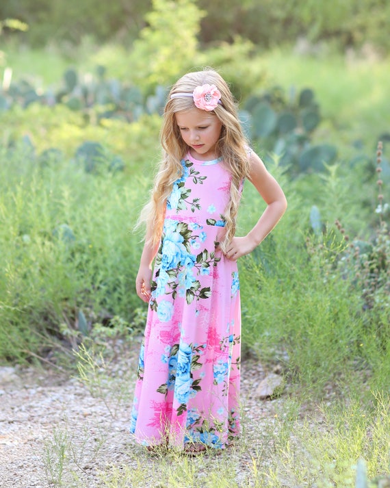 Meisjes roze en blauwe bloem maxi jurk maxi jurk bloem maxi jurk meisjesjurk terug naar school jurk roze en blauwe maxi jurk rozen Etsy Belgie