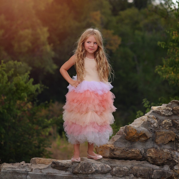 Blush Tulle Flower Girl Dress- Floor Length Ruffled Tulle Chiffon, Birthday, Wedding Guest, Princess, Fairy, Bohemian, Pink Partydress Dress