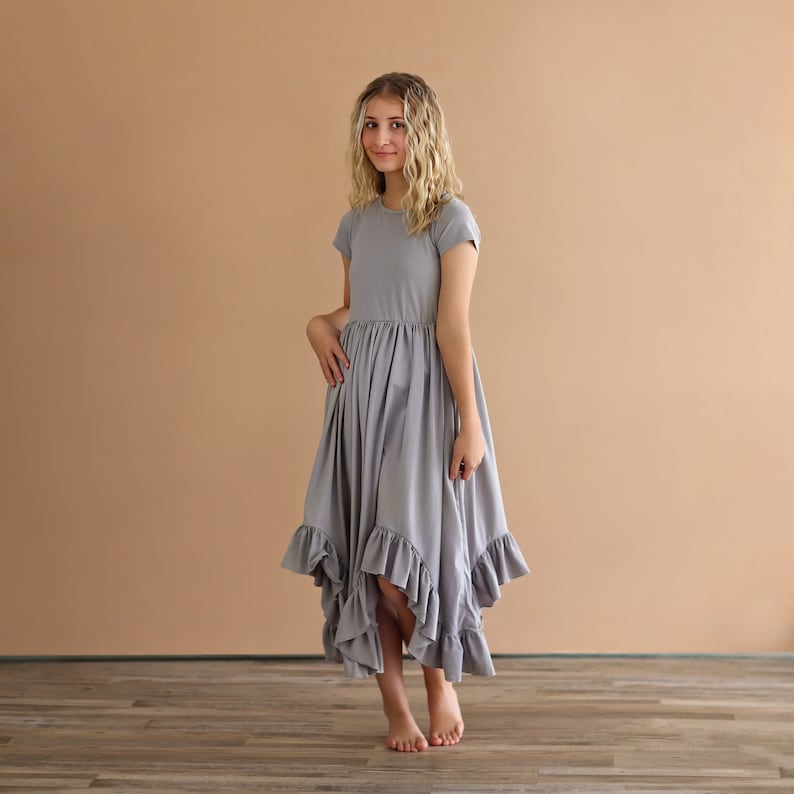 Gray Boho Dress Long Ruffle Dress High-low Hem Ruffle Dress Full Skirt Red Dress Gray Twirly Dress image 5