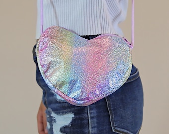 Pastel Metallic Heart Purse - Metallic Heart Bag - Girls Heart Purse - Pastel Rainbow Heart Bag
