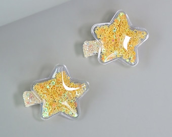 Yellow Star Confetti Shaker Hair Clip Pair - Sequin Hair Clips -  Confetti Hair Clips - Clear Shaker Hair Clips - Pigtail Clips
