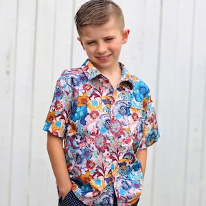 Camisa con botones florales de Paisley azul y naranja para niños - Camisa con botones para niños - Camisa de vestir para niños