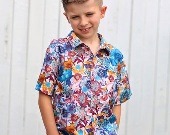 Boys Blue and Orange Paisley Floral Button up Shirt - Boys Button Shirt - Boys Dress Shirt