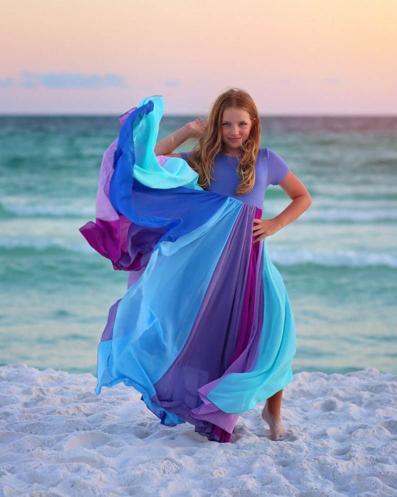 Blue Floor Length Chiffon Bohemian Junior Twirl Maxi Dress Wedding, Flower Girl, Boho Beach, Comfortable, Photoshoot, Birthday, Her Gift image 9