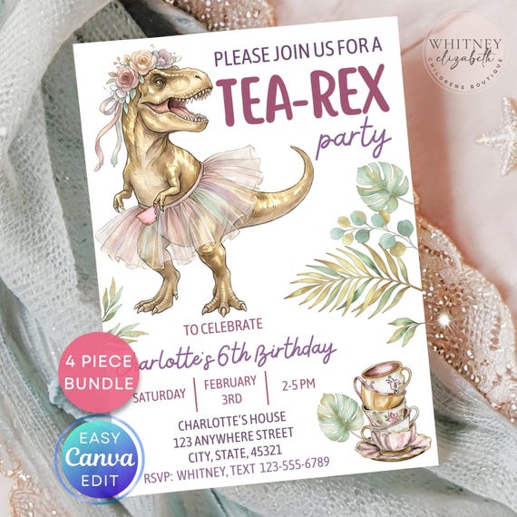 Editable Dinosaur Invite, Girl Dino Party Invitation, Tea Rex Dinosaur Birthday Invite, Dino Birthday, Girl Birthday Tea Party Invitation