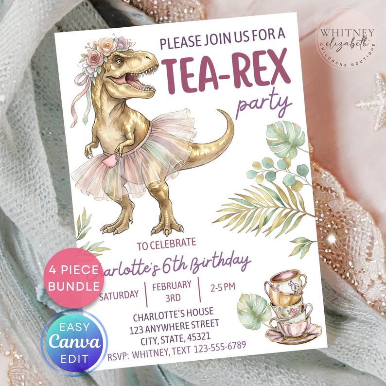 Puede incluir: Una invitaci&oacute;n caprichosa para una fiesta "TEA-REX", con un dinosaurio con tut&uacute; y corona de flores. La invitaci&oacute;n incluye detalles para el sexto cumplea&ntilde;os de Charlotte, con una pila de tazas de t&eacute; y acentos bot&aacute;nicos. El texto dice "Easy Canva Edit".