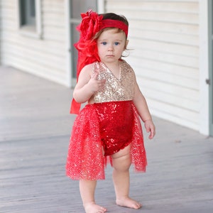 Romper - Tulle skirted, Skirted, Sequin Top Romper - Sequin Romper - Princess - Birthday Romper - Photoshoot - Red and Gold Romper
